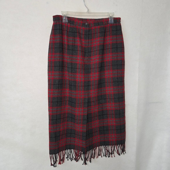 Dresses & Skirts - Vintage Tartan Plaid Wool Fringe Blanket Skirt Red Gray Blend Women's 12P Lined